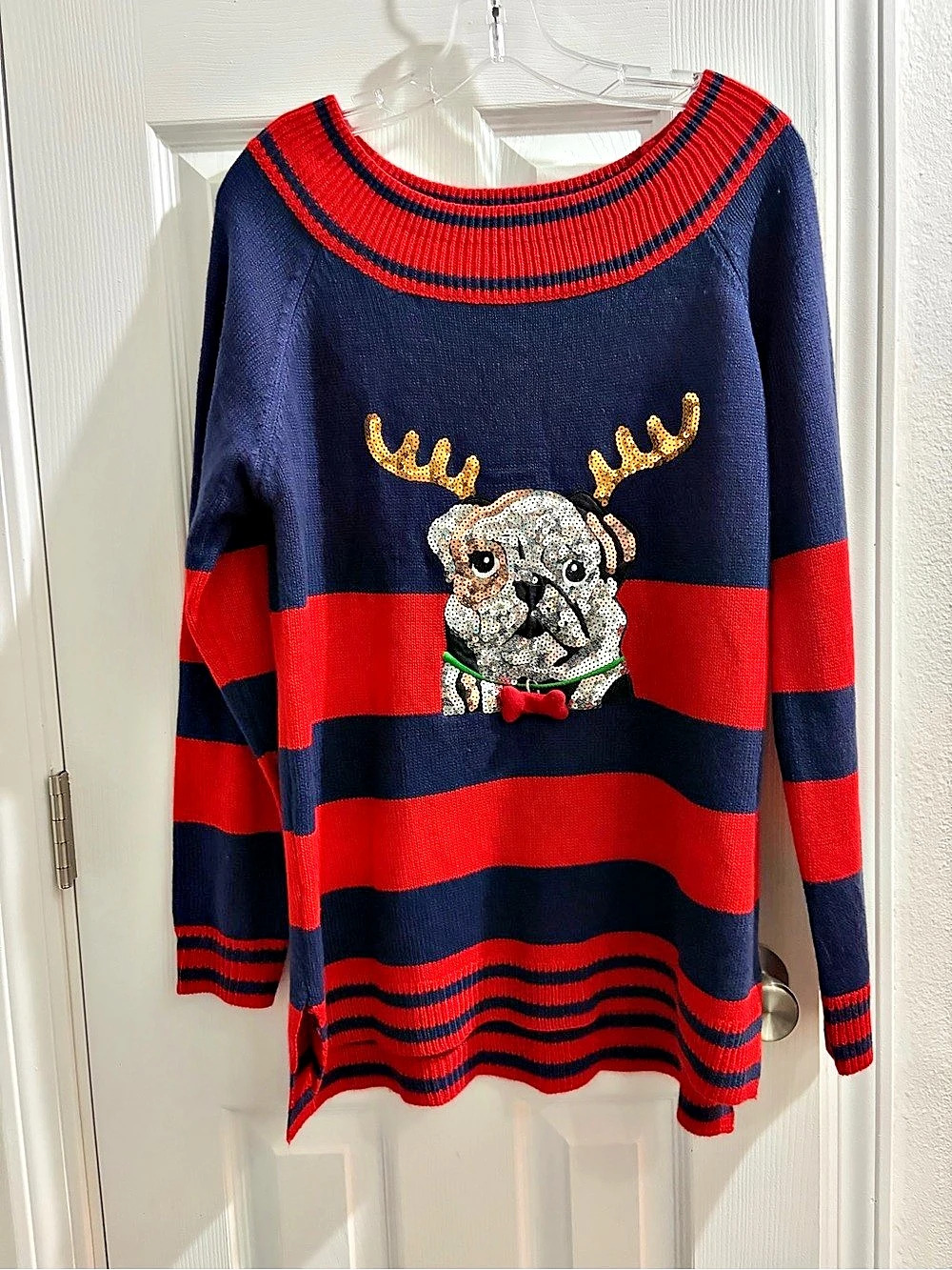 Holiday Time Woman’s   Reindeer Sweater Blue & Red Large